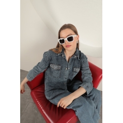 Veralis Denim Kumaş Cep İnci Detaylı Mavi Kadın Gömlek – Zarafeti ve Rahatlığı Buluştur!