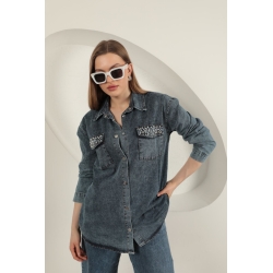 Veralis Denim Kumaş Cep İnci Detaylı Mavi Kadın Gömlek – Zarafeti ve Rahatlığı Buluştur!