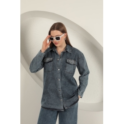 Veralis Denim Kumaş Cep İnci Detaylı Mavi Kadın Gömlek – Zarafeti ve Rahatlığı Buluştur!