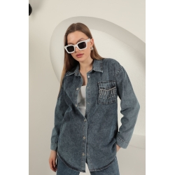 Veralis Denim Kumaş Cep Taş Detaylı Mavi Kadın Gömlek – Zarafeti ve Rahatlığı Buluştur!
